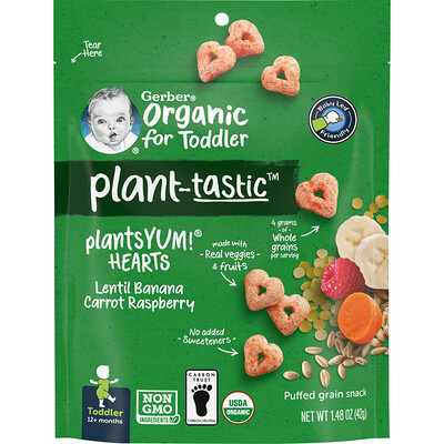 

Gerber Organic for Toddler Plant-Tastic Puffed Grain Snack 12+ Months Lentil Banana Carrot Raspberry 1.48 oz (42 g)