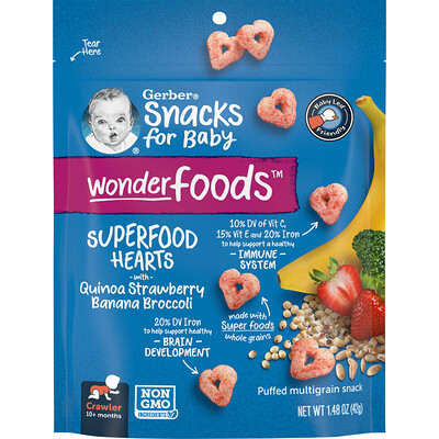 

Gerber Snacks for Baby, Wonder Foods, воздушные закуски из нескольких злаков, Superfood Hearts, от 10 месяцев, киноа, клубника, банан, брокколи, 42 г (1,48 унции)