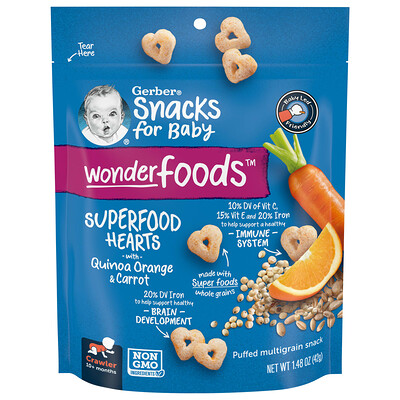 

Gerber Snacks for Baby, Wonder Foods, SuperFood Hearts, от 10 месяцев, киноа, апельсин и морковь, 42 г (1,48 унции)