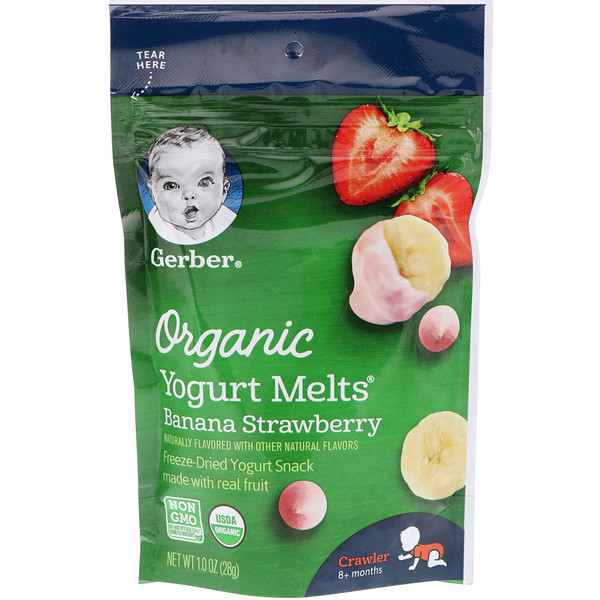 Gerber‏, عضوي، Yogurt Melts، للرضع من عمر 8 شهور وأكثر، موز وفراولة، 1.0 أونصة (28 جم)