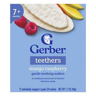 Gerber, Teethers, Gentle Teething Wafers, 7+ Months, Mango Raspberry, 12 Individually Wrapped 2-Packs, 0.14 oz (4 g) Each