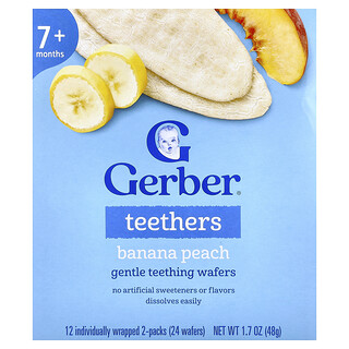 Gerber, Bijtringen, Zachte Tandjeswafels, 7+ maanden, Banaan Perzik, 12 individueel verpakte 2-packs, 4 g per stuk