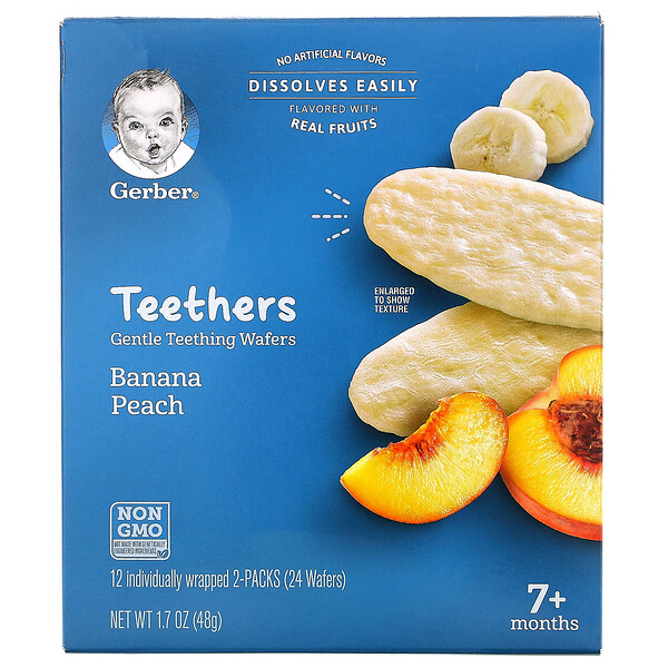 Gerber‏, Teethers, אפיפיות עדינות לבקיעת שיניים, לגיל 7 חודשים ומעלה, בטעם בננה ואפרסק, 12 חפיסות, 2 אפיפיות בכל אחת