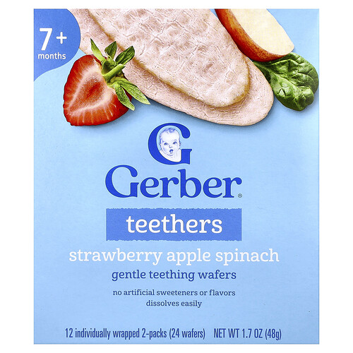 Gerber, Teethers, Gentle Teething Wafers, Beißringe, Sanfte Zahnungswaffeln, ab 7 Monaten, Erdbeer-Apfel-Spinat, 12 einzeln verpackte 2er-Packs, je 4 g (0,14 oz.)