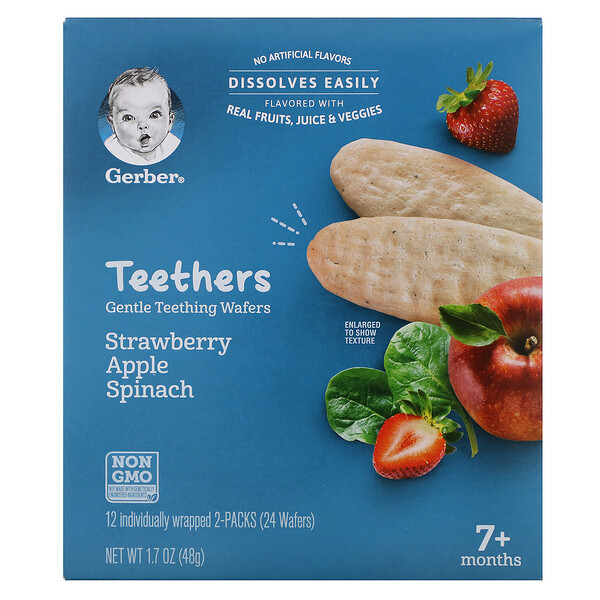 Gerber‏, Teethers, אפיפיות עדינות לבקיעת שיניים, לגיל 7 ומעלה חודשים, תות שדה, תפוח ותרד, 12 אריזות, 2 אפיפיות ביחידה