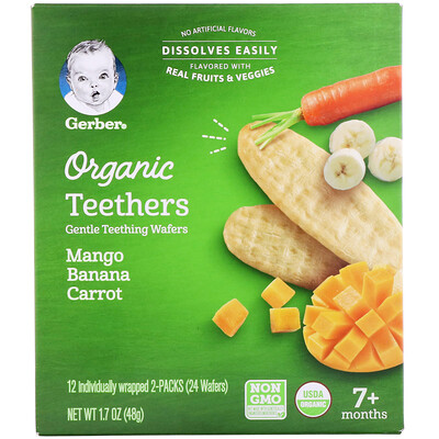 Gerber органические прорезыватели, вафли для мягкого прорезывания зубов, от 7 месяцев, манго, банан, морковь, 12 пакетиков по 2 вафли в каждом