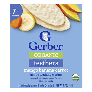 Gerber, 有机牙胶，温和磨牙饼干，7 个月以上，芒果香蕉胡萝卜味，12 个独立包装 2 包，每包 0.14 盎司（4 克）