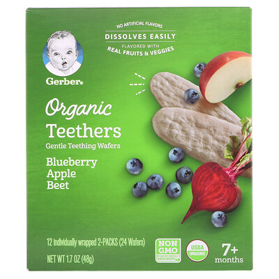 Gerber Organic Teethers, вафли для мягкого прорезывания зубов, для малышей от 7 месяцев, черника, яблоко и свекла, 12 пакетиков по 2 вафли в каждом
