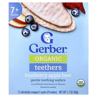 Gerber, Organic Teethers, Gentle Teething Wafers, 7+ Months, Blueberry Apple Beet, 12 Individually Wrapped 2-Packs, 0.14 oz (4 g) Each