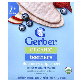 Gerber, Organic Teethers, Gentle Teething Wafers, 7+ Months, Blueberry Apple Beet, 12 Individually Wrapped 2-Packs, 0.14 oz (4 g) Each