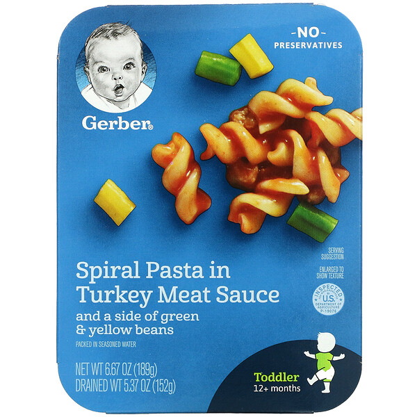 Gerber, 火雞肉醬螺旋形意大利面和一份青豆及黃豆，嬰幼兒，12 月齡以上，6.67 盎司（189 克）