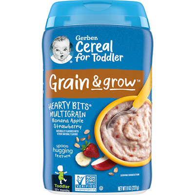 

Gerber Cereal for Toddler Grain & Grow Hearty Bits MultiGrain от 12 месяцев банан яблоко и клубника 227 г (8 унций)