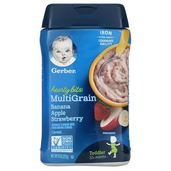 Gerber‏, Hearty Bits, דגני בוקר מתערובת דגנים, לגיל 12 ומעלה חודשים, בננה, תפוח, תות, 227 גרם (8 אונקיות)