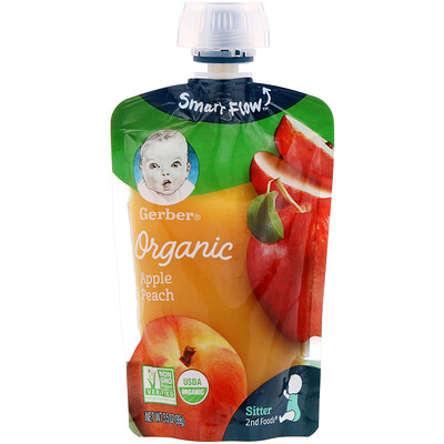 Gerber Smart Flow, Органическое детское питание, яблоки и летние персики, 99 г (3,5 унции)