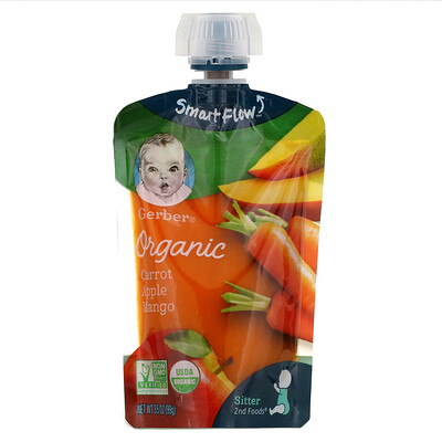 Gerber Smart Flow, Organic, морковь, яблоко и манго, 99 г (3,5 унции)