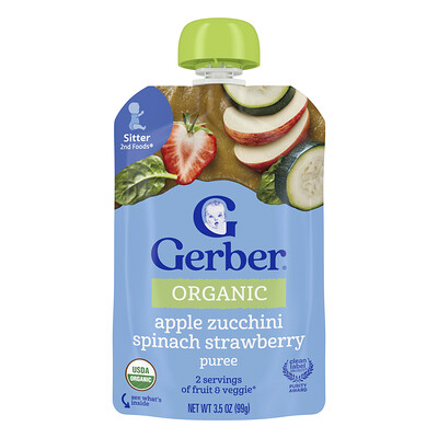 Gerber, Organic for Baby, 2nd Foods, Apple, Zucchini, Spinach, Strawberry, 3.5 oz (99 g)