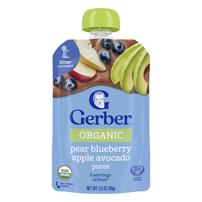 Photos - Baby Food Gerber , Organic Puree, 2nd Foods®, Pear Blueberry Apple Avocado, 3.5 oz  GBR-07492 (99 g)