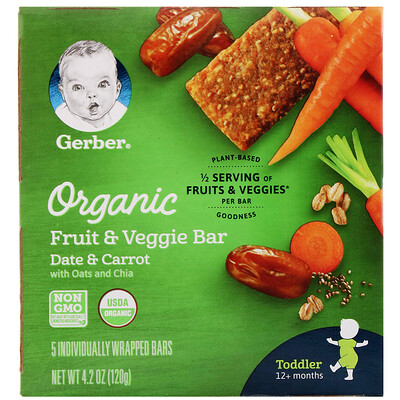 Gerber батончик из органических фруктов и овощей, для малышей от 12 месяцев, финик и морковь, 5 батончиков в индивидуальной упаковке, 120 г (4,2 унции)