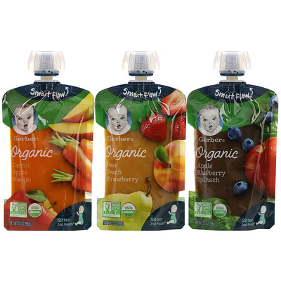 Gerber Organic, экономичная упаковка, «Груша, персик и клубника», «Морковь, яблоко и манго», «Яблоко, черника и шпинат», 9 пакетиков, 99 г (3,5 унции) в каждом