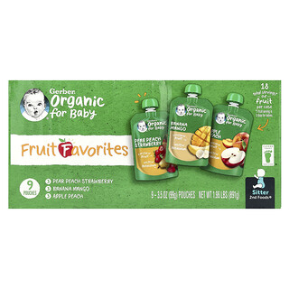 Gerber, Organic for Baby, 2nd Foods®, Fruit Favorites, 9 Pouches, 3.5 oz (99 g) Each