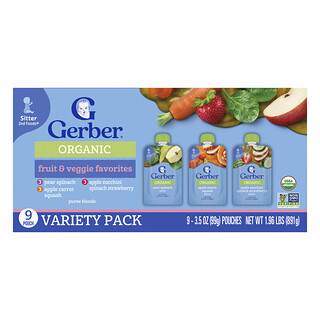 جيربر‏, مزيج الهريس العضوي ، عبوة متنوعة ، 2nd Foods® ، الفواكه والخضروات المفضلة ، 9 أكياس ، 3.5 أونصة (99 جم) لكل كيس
