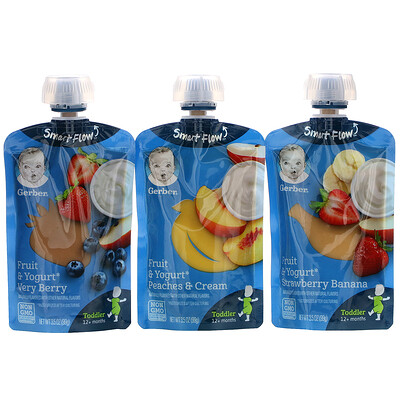 Gerber «Ассорти», для детей от 12 месяцев, фрукты и йогурт, 9 пакетиков по 99 г (3,5 унции) каждый
