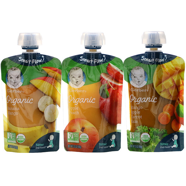 Gerber, Organic, набор с разными вкусами: манго, яблоко, морковь и листовая капуста; яблоко и персик; банан и манго, 9 пакетиков, 99 г (3,5 г) каждый