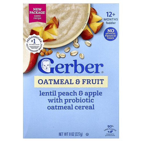 Gerber, Cereal de avena y frutas con probióticos, Más de 12 meses, Lentejas, melocotón y manzana, 227 g (8 oz)