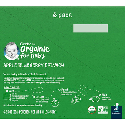 

Gerber Organic for Baby 2nd Foods Apple Blueberry Spinach 6 Pouches 3.5 oz (99 g) Each