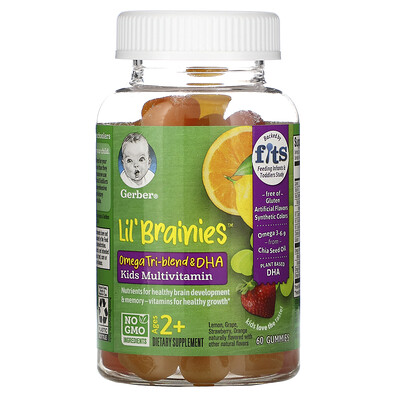 Gerber Lil Brainies, смесь трех омега жирных кислот и ДГК, мультивитаминная добавка, для детей от 2 лет, 60 жевательных мармеладок