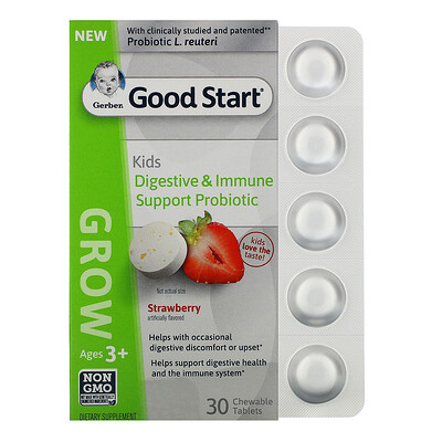 Gerber Good Start, Grow, пробиотики для поддержки иммунной системы и пищеварения для детей старше 3 лет, со вкусом клубники, 30 жевательных таблеток