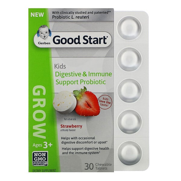 Gerber, Good Start, Grow, пробиотики для поддержки иммунной системы и пищеварения для детей старше 3 лет, со вкусом клубники, 30 жевательных таблеток