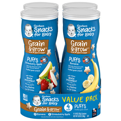 

Gerber, Snacks for Baby, Grain & Grow, Puffs, 8+ Months, Banana, Strawberry Apple, 4 Canisters, 1.48 oz (42 g) Each