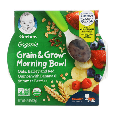 Gerber Organic, Grain & Grow, Morning Bowl, для малышей от 10 месяцев, овес, ячмень, красная киноа с бананом и летними ягодами, 128 г (4,5 унции)