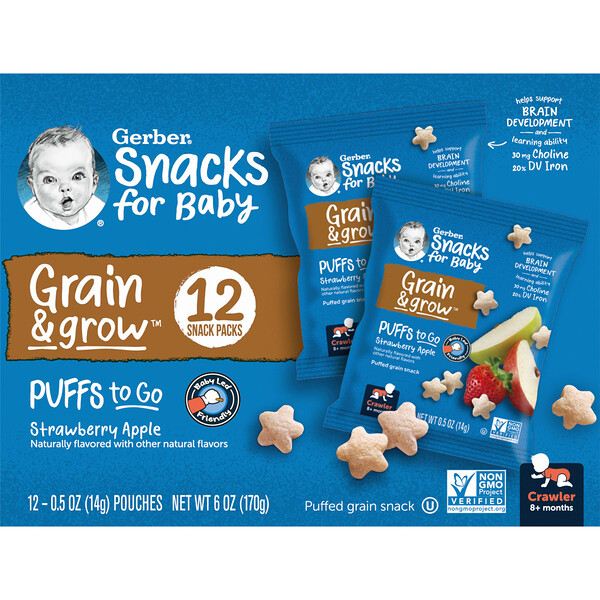 Gerber, Snacks for Baby, Grain & Grow, Puffs to Go, 8+ Months
