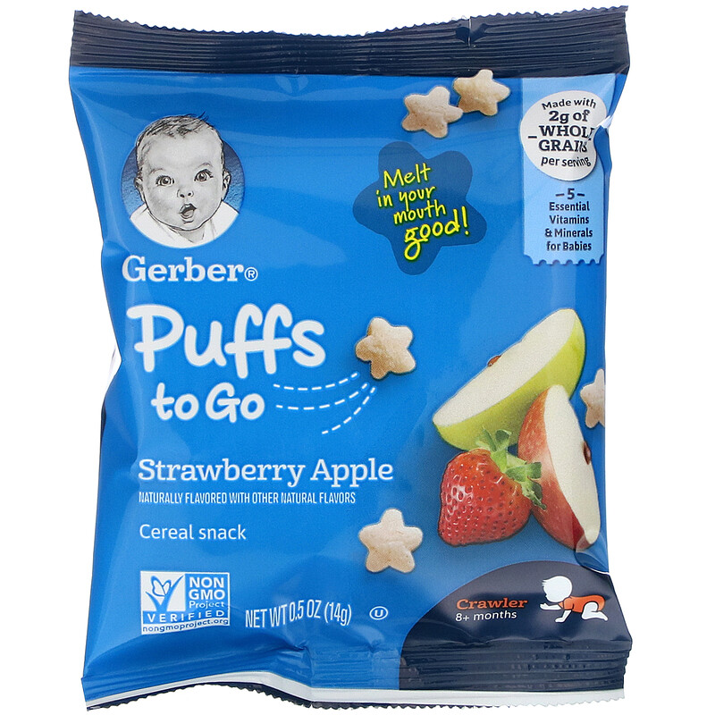 Gerber, Puffs to Go, 8+ Months, Strawberry Apple, 12 Snack Packs, 0.5