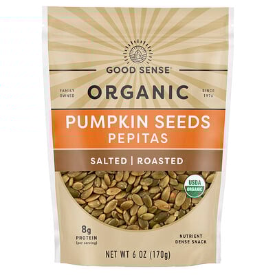 Good Sense, Pepitas de semillas de calabaza orgánicas, Saladas, Tostadas, 170 g (6 oz)