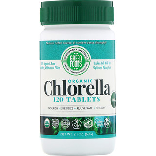 Green Foods, Clorela Orgánica, 500 mg, 120 Tabletas
