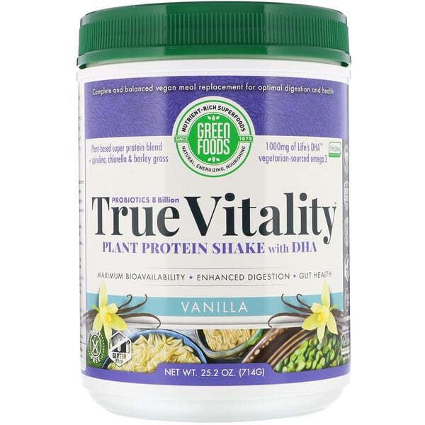 Green Foods, True Vitality, растительный протеиновый коктейль с ДГК, ваниль, 714 г (25,2 унции)