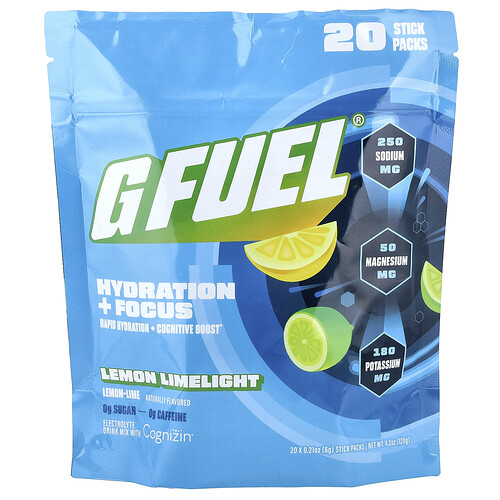 G Fuel Hydration + Focus, Electrolyte Drink Mix with Cognizin®, Lemon Limelight, 20 Stick Packs, 0.21 oz (6 g) Each
