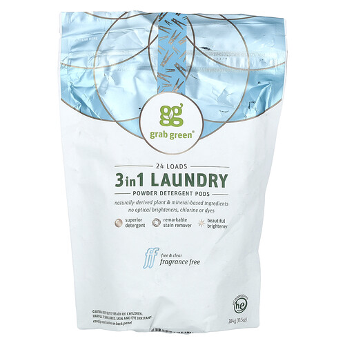 Grab Green, 3-in-1 Laundry Powder Detergent Pods, Fragrance Free, 24 Loads, 13.5 oz (384 g)