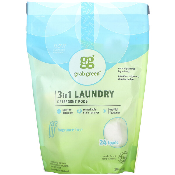 Grab Green‏, 3-in-1 Laundry Detergent Pods, Fragrance Free, 24 Loads, 15.2 oz (432 g)