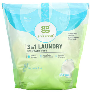 Grab Green, 3-in-1 Laundry Detergent Pods, Fragrance Free, 132 Loads, 4 lbs 10 oz (2112 g)