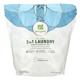 Grab Green, Cápsulas de detergente en polvo 3 en 1, Sin fragancia, 132 cápsulas, 69 oz (4,36 lb)