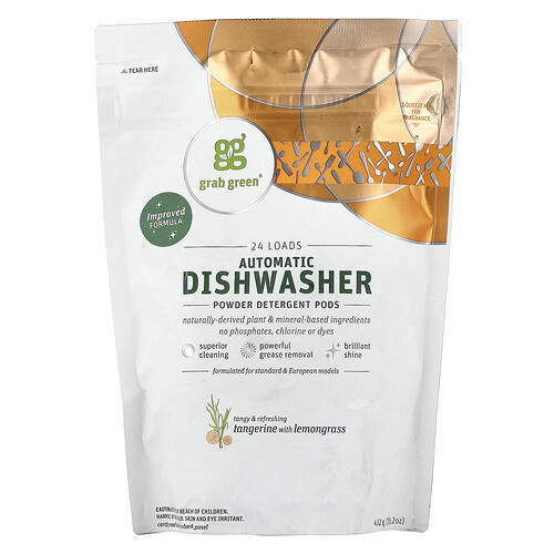 Grab Green, Cápsulas de detergente para lavavajillas automáticos, Mandarina con limoncillo`` 24 cargas, 432 g (15,2 oz)