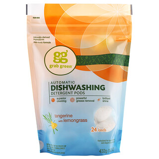 Grab Green, 自動食器洗浄器用洗剤ポッド、タンジャリン＋レモングラス、24回分、15.2 oz (432 g)