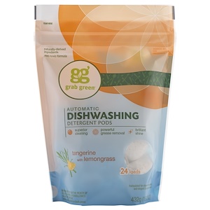 GrabGreen, Пакетики с моющим средством для автоматических посудомоечных машин, с запахом мандарина и лимонной травы, на 24 применения, 15.2 унции (432 г)