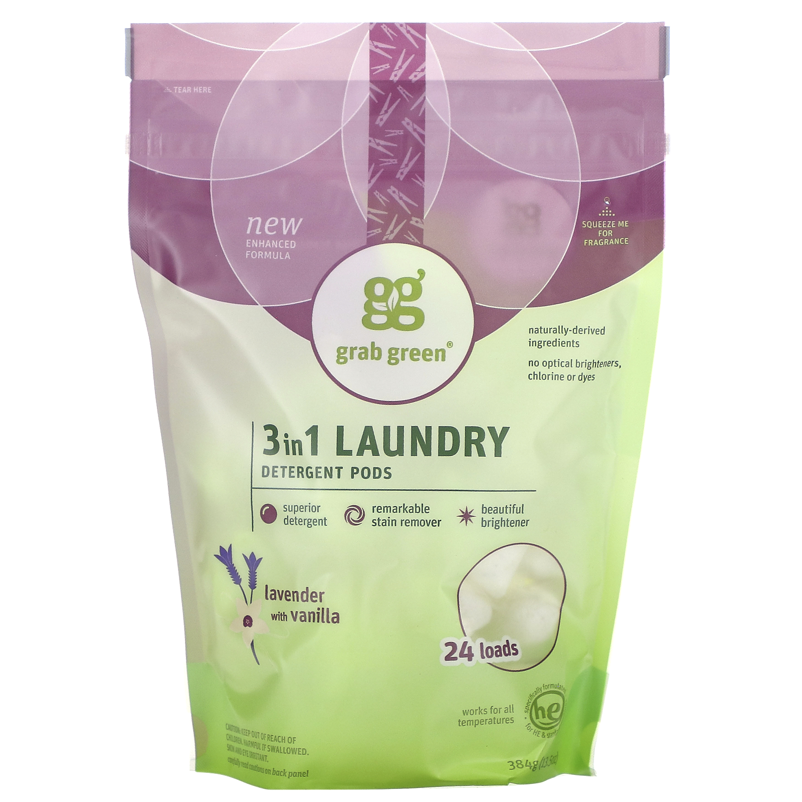 iHerb 洗衣用品 Grab Green, 3 合 1 洗衣液包，薰衣花草香草味，可使用 24 次，13.5 盎司（384 克）