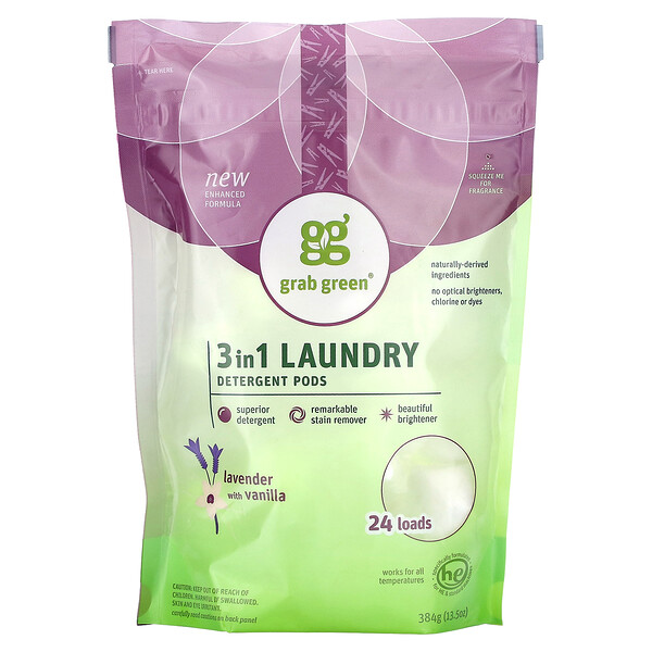 Grab Green, 3 in 1 Laundry Detergent Pods, Lavender with Vanilla, 24