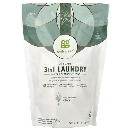 Grab Green, 3 in 1 Laundry Powder Detergent Pods, Vetiver, 24 Pods, 13.5 oz (384 g)